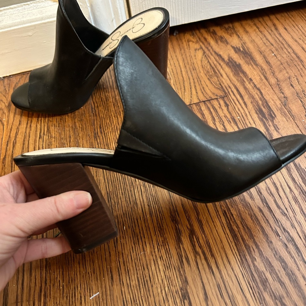 Jessica Simpson Black Leather Block Heel Mules